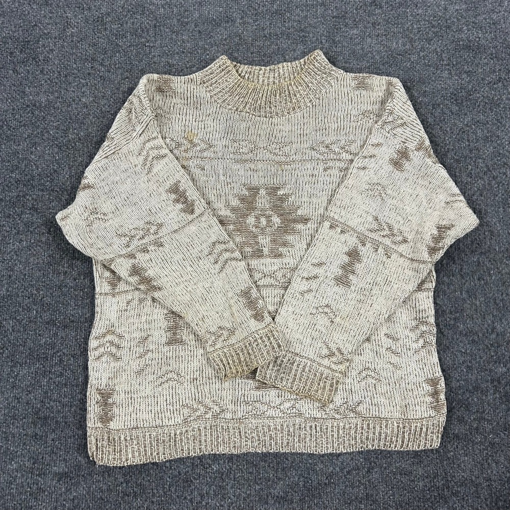 Cristina Sweater Womens Size S Beige Aztec Southwestern Cotton USA Knit Stain